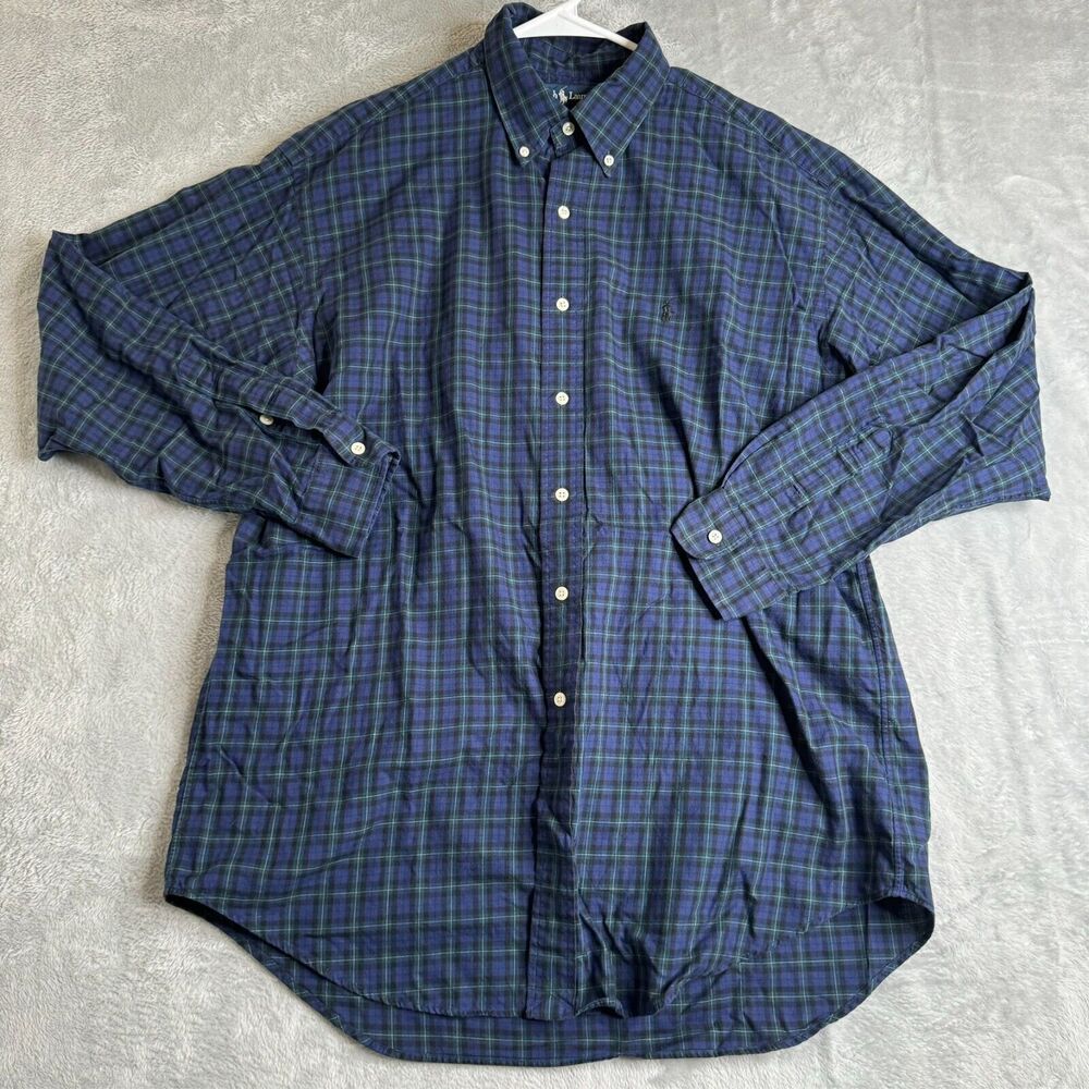 Polo Ralph Lauren Shirt Mens L Blue Tartan Plaid Blake Dad Preppy Oxford Pony